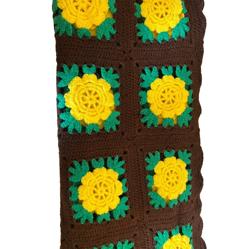 Vintage Granny Square Crochet Blanket Throw, Yellow Floral, Brown,‎ Green